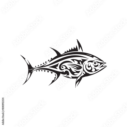 black tribal blue fin tuna design on white background
