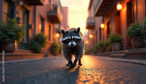 Fototapeta Naklejka Na Ścianę i Meble -  A curious raccoon walks down a city street at sunset. Buildings line the narrow path as warm light glows on the pavement. The small mammal explores its urban surroundings at dusk.
