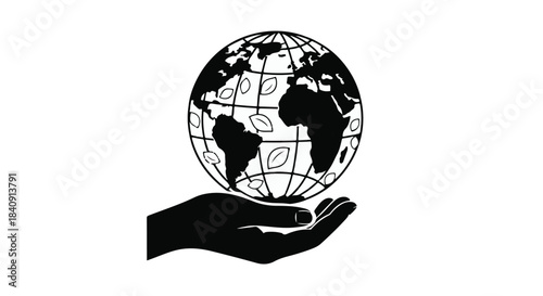 Gentle hand cradles a stylized globe with leaves, symbolizing environmental care and global protection.