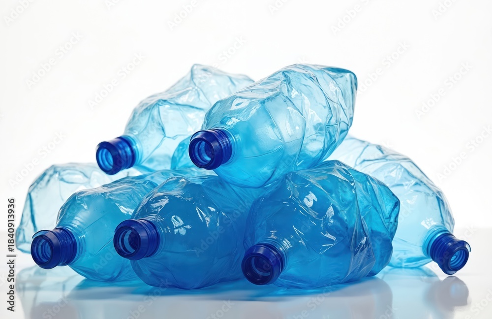 Fototapeta premium Heap of crumpled blue plastic water bottles with blue caps isolated on a clean white surface. Empty containers piled together, signifying waste and pollution.