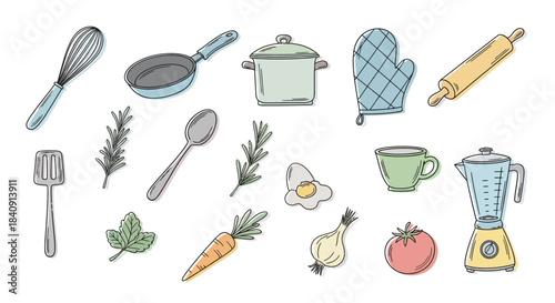 Hand-drawn Gardening Tools and Plants Icon Set Featuring Shovel, Watering Can, Herbs, and Household Equipment