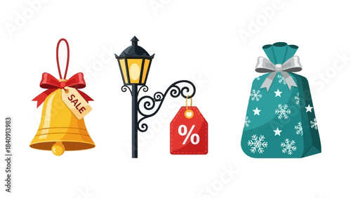 Set of festive holiday sale icons featuring Christmas bell, vintage street lamp, and gift bag