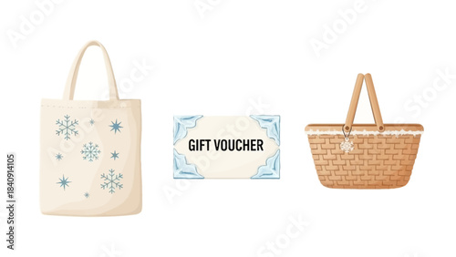 Thoughtful gift options a stylish snowflake tote, a valuable voucher, and a charming picnic basket for special occasions