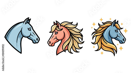 Set of diverse horse head vectors, from simple to magical, for creative design projects
