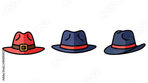 Colorful collection of retro fedora hats, flat design vector art illustration set