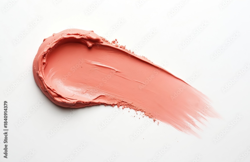 Fototapeta premium Creamy pink blush makeup smear with powder texture detail on isolated white backdrop. Cosmetic product sample shows smooth application and fine particles, perfect for beauty ads.