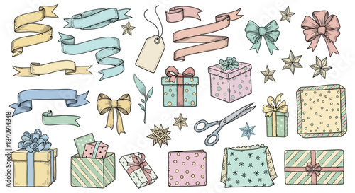 Creative Gift, Ribbon, and Decorations Icon Set with Festive Boxes, Party Elements, and Celebration Accessories