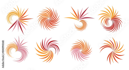 Spiral abstract swirl pattern set with rotating dynamic sunburst shapes for modern decorative design elements.