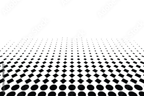 Black and white abstract pattern of dots and rounded squares receding into distance circles