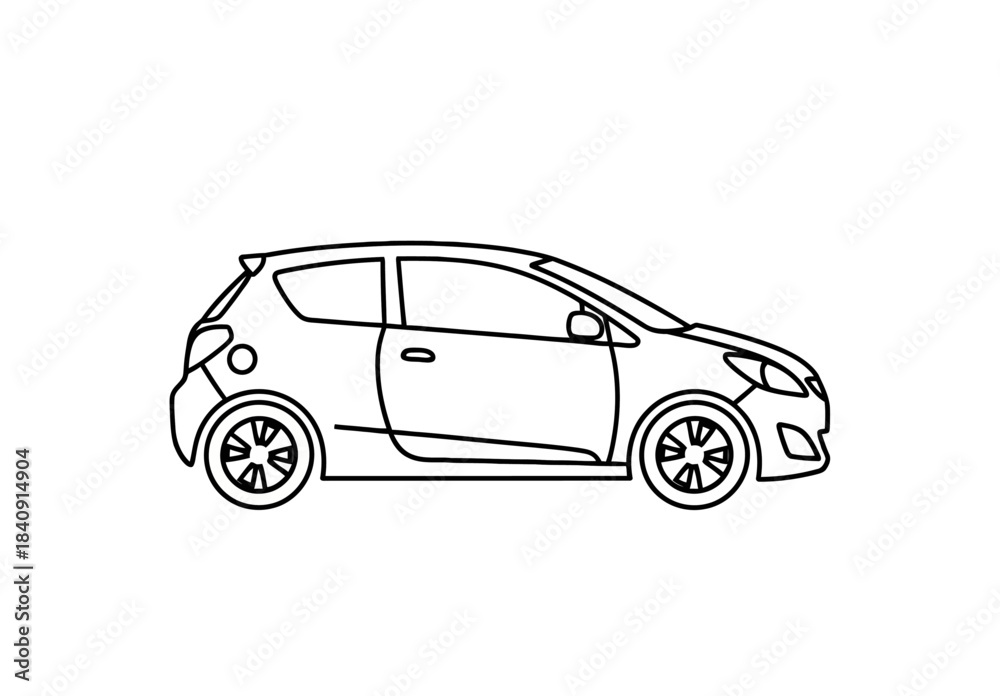 Naklejka premium Clean black-and-white outline illustration of a compact hatchback car ideal for automotive graphic design.