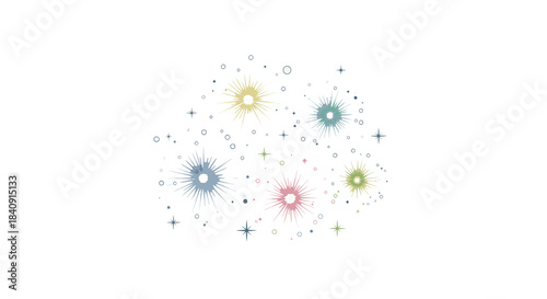 Soft multicolor glowing spark particle clusters floating in a bright dreamy abstract background.