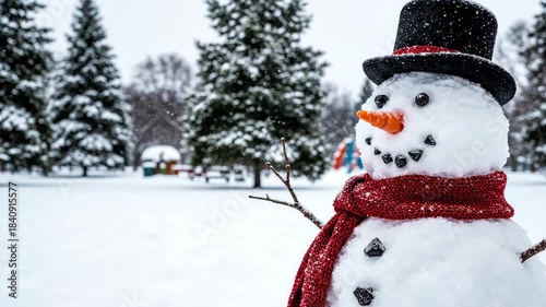Charming Snowman with Red Scarf and Black Hat in Snowy Park.