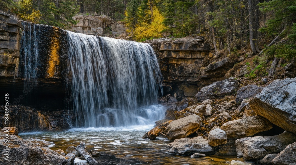 Fototapeta premium Waterfall in a petrified forest, fossilized trees surrounding the cascade, eerie and ancient atmosphere