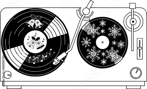 Vintage record player with jingle bells vinyl and musical notes surrounded by snowflakes vinyl record
