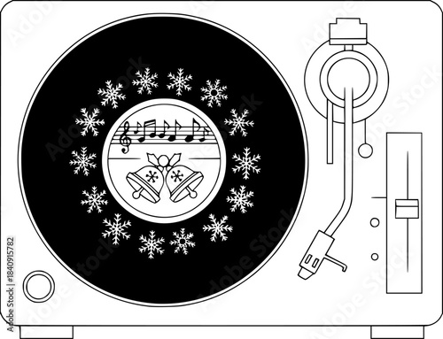 Vintage record player with jingle bells vinyl and musical notes surrounded by snowflakes vinyl record
