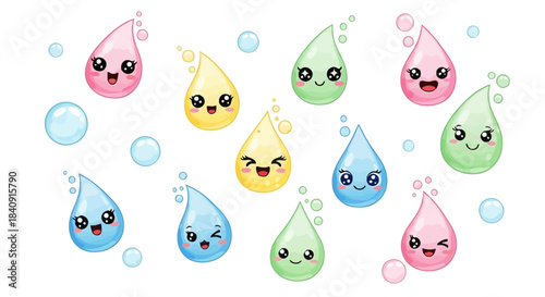 Colorful water droplet cartoon characters with happy expressions for playful aquatic-themed designs.