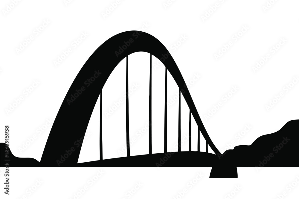 Fototapeta premium Black silhouette of a suspension bridge with arch and cables against a white background vector