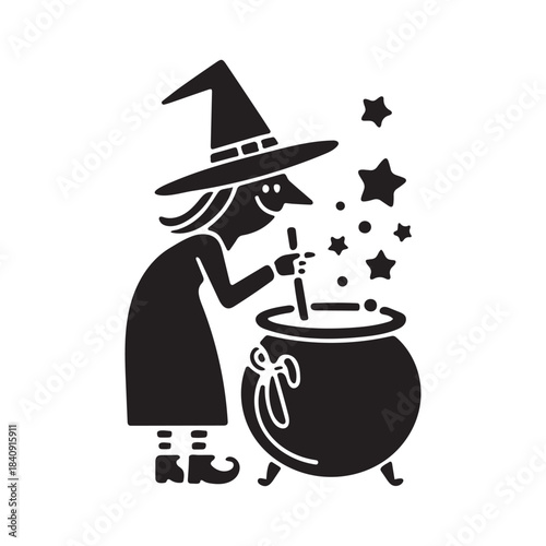 Black silhouette of a cartoon witch stirring a potion in cauldron with stars on white background