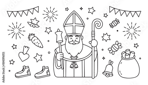 Sinterklaas and celebration elements coloring page, festive holiday season artwork
