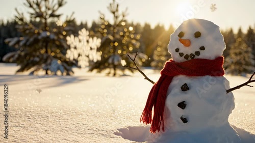 Charming Snowman with Red Scarf and Snowflake in Winter Wonderland.