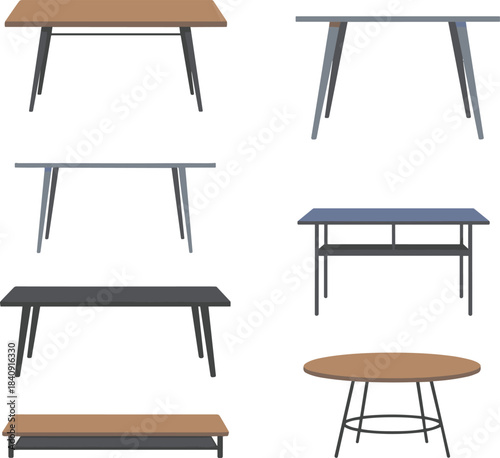 Collection of modern table illustrations, minimalist furniture set, dining and coffee table designs, wooden and metal tables, flat interior decor graphics