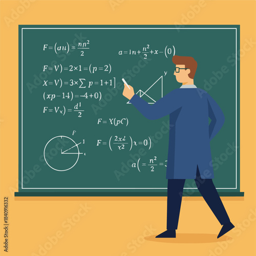 "Physicist Working on Formula Board"
Flat vector physicist writing equations on a large board, chalk symbols represented with clean white lines, bold contrasting solid colours.