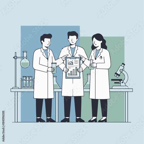 "Team of Scientists Collaborating"
Flat vector group of scientists discussing results, clipboard and lab tools as simple geometric forms, solid colour background, minimal composition.