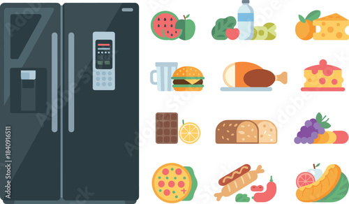 Modern refrigerator with assorted food icons, flat design kitchen illustration, fruits, vegetables, drinks, bread, snacks, household appliance graphic set