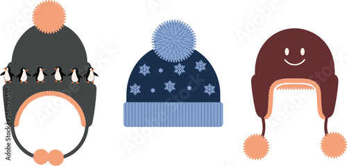 Set of cute winter hats illustration, cozy knitted beanies with pom poms, snowflake patterns, playful designs for cold weather fashion and seasonal decor