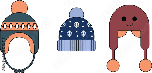Set of cute winter hats illustration, cozy knitted beanies with pom poms, snowflake patterns, playful designs for cold weather fashion and seasonal decor