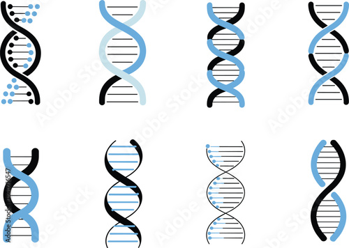 Set of DNA helix illustrations, genetic science icons, molecular biology symbols, double helix designs, medical biotechnology graphics, anatomical genome artwork