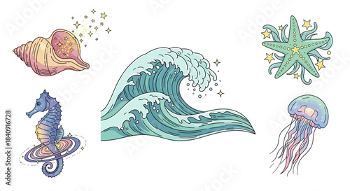 Marine-themed illustration set featuring seashells, waves, sea creatures, and ocean-inspired decorative elements.
