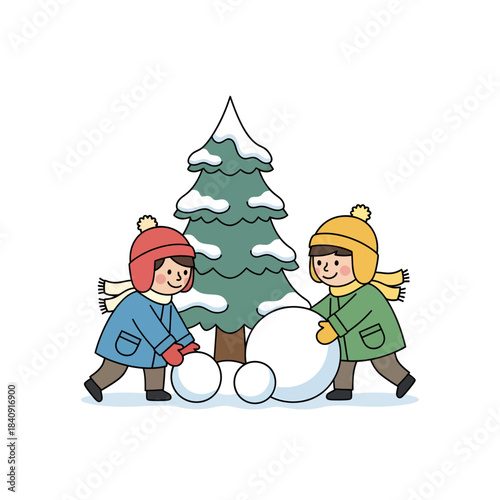 Children building a snowman near a Christmas tree in the snow during winter