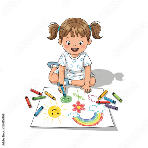 A cheerful young girl joyfully expresses her creativity, happily drawing colorful pictures like a bright sun and vibrant rainbow with crayons on a large paper sheet during a fun childhood activity