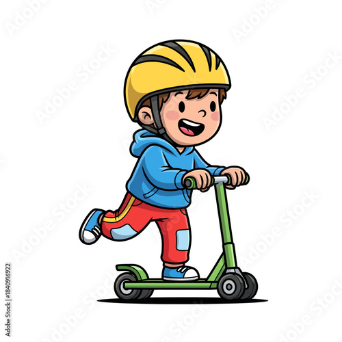 Brightly smiling young child, equipped with a yellow protective helmet, joyfully propels a green kick scooter, embodying active fun and safety outdoors with vibrant energy