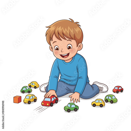 A cheerful young boy joyfully engages in imaginative play on the floor, surrounded by his collection of colorful miniature toy cars, fostering creativity and childhood happiness