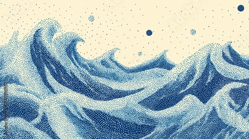 Blue ocean waves illustration with a beige sky and a few dark dots.