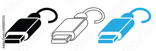 Usb cable connector icon set black, outline, and blue styles,Silhouette of USB cable icon, Mobile charger, USB cable icon. White and Black USB cable vector icon. Mobile phone charging cable.