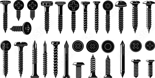“Detailed vector illustration set of assorted screws, bolts, nails, and fastener heads in black silhouette style for construction, hardware design, and industrial projects, editable.”