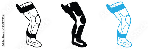 Knee brace icons set black white orange blue outline vector,Human knee shortish,black isolated silhouette,Knee brace glyph icon. Adjustable leg shortish.Silhouette symbol.Orthopedic knee joint bandage