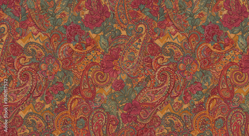Intricate paisley pattern with warm autumn colors and floral elements