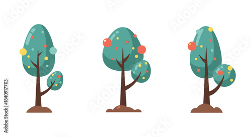 Cute fruit-bearing tree illustrations featuring stylized trunks, leaves, and apples arranged as a charming nature graphic set.