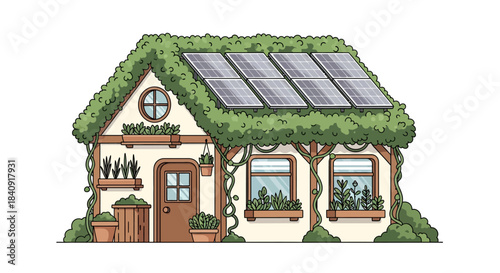 Sustainable Home Design Illustration with Green Roof and Rooftop Solar Panels