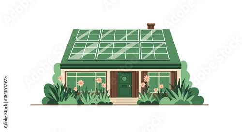 Eco-friendly residential house illustration with solar panels on roof, surrounded by lush green garden