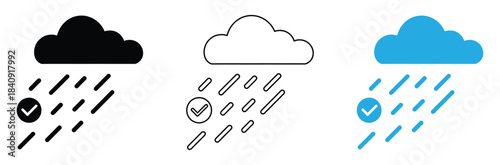Rain weather icon set with check mark for forecast accuracy,rainy weather, rain season icon,Stormy weather icon flat and simple set design