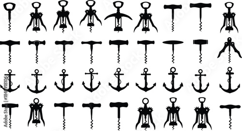 “Seamless repeating pattern of vintage anchor icons and classic corkscrew silhouettes, nautical marine symbols combined with bar tool elements in bold black vector style”