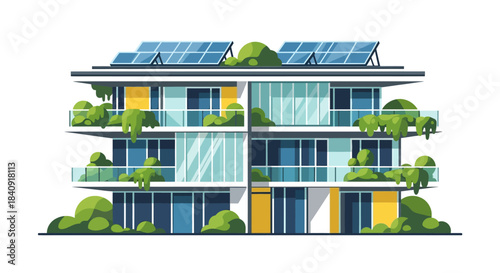 Modern Apartment Building Illustration with Greenery and Solar Panels for Sustainable Urban Living