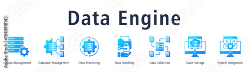 Data Engine web banner icon vector illustration with icons of Data Management, Database Management, Data Processing, Data Handling, Data Collection, Cloud Storage and System Integration.