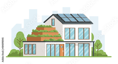 Sustainable Urban Living: Modern Home with Solar Panels and Green Roof Illustration