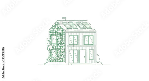 Front View Illustration of a Modern Sustainable Home with Solar Panels and Green Facade